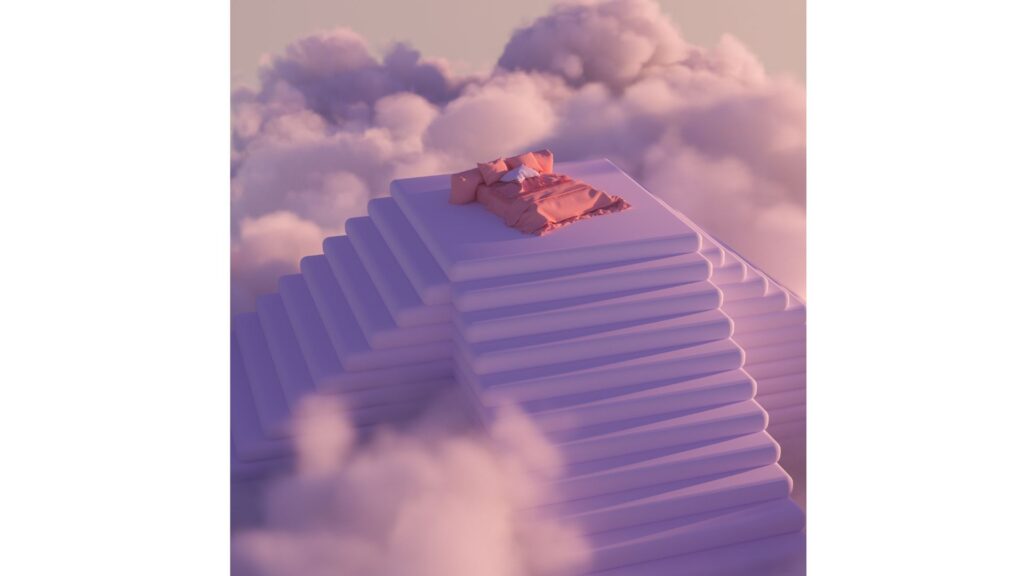 A picture of a bed in the clouds, showing that our thoughts get processed when we sleep, but sometimes traumatic memories get stuck and aren't processed. EMDR Therapy can help with this.